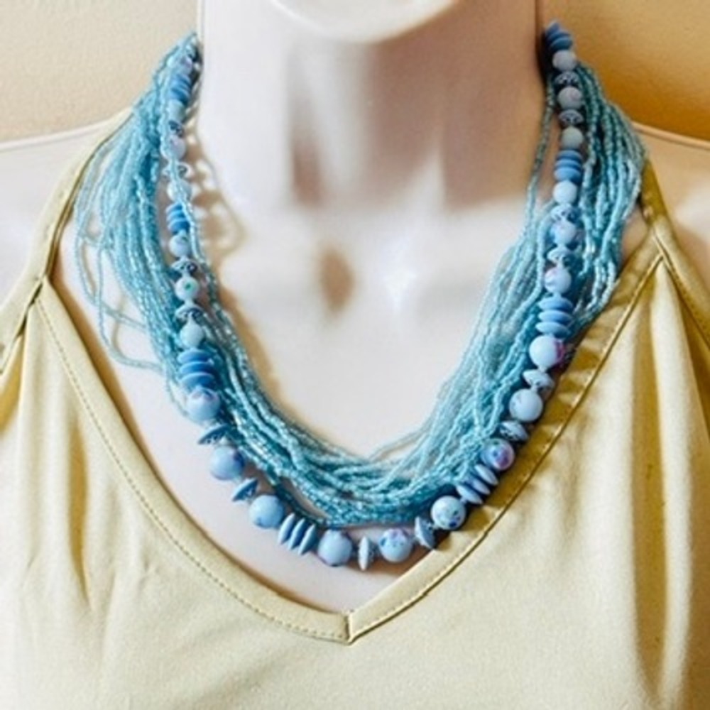 VTG floral Art Glass Necklace Japan Blue beaded‎ Retro Collar multi strand bib